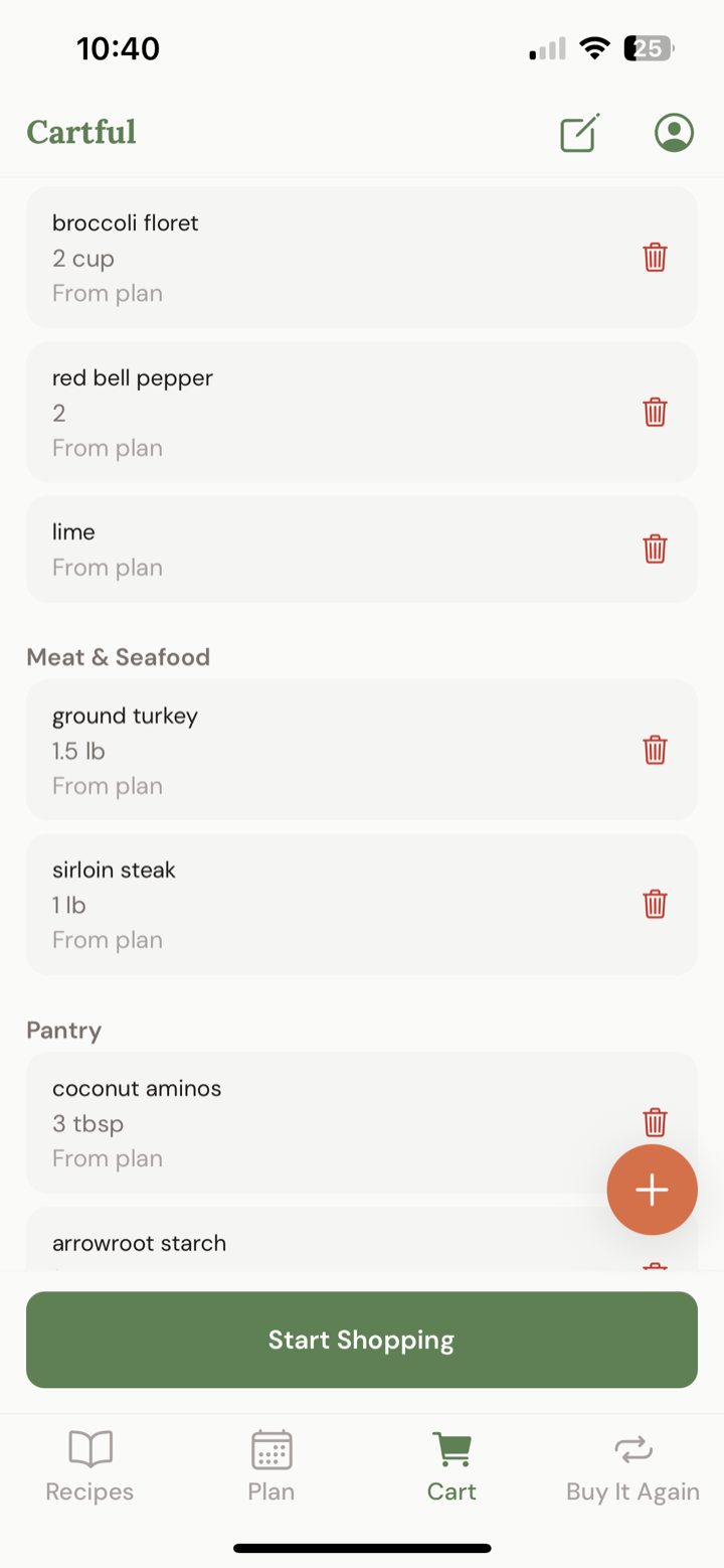 A Cartful grocery cart built automatically from a weekly meal plan, with each item labeled from plan and grouped by section.