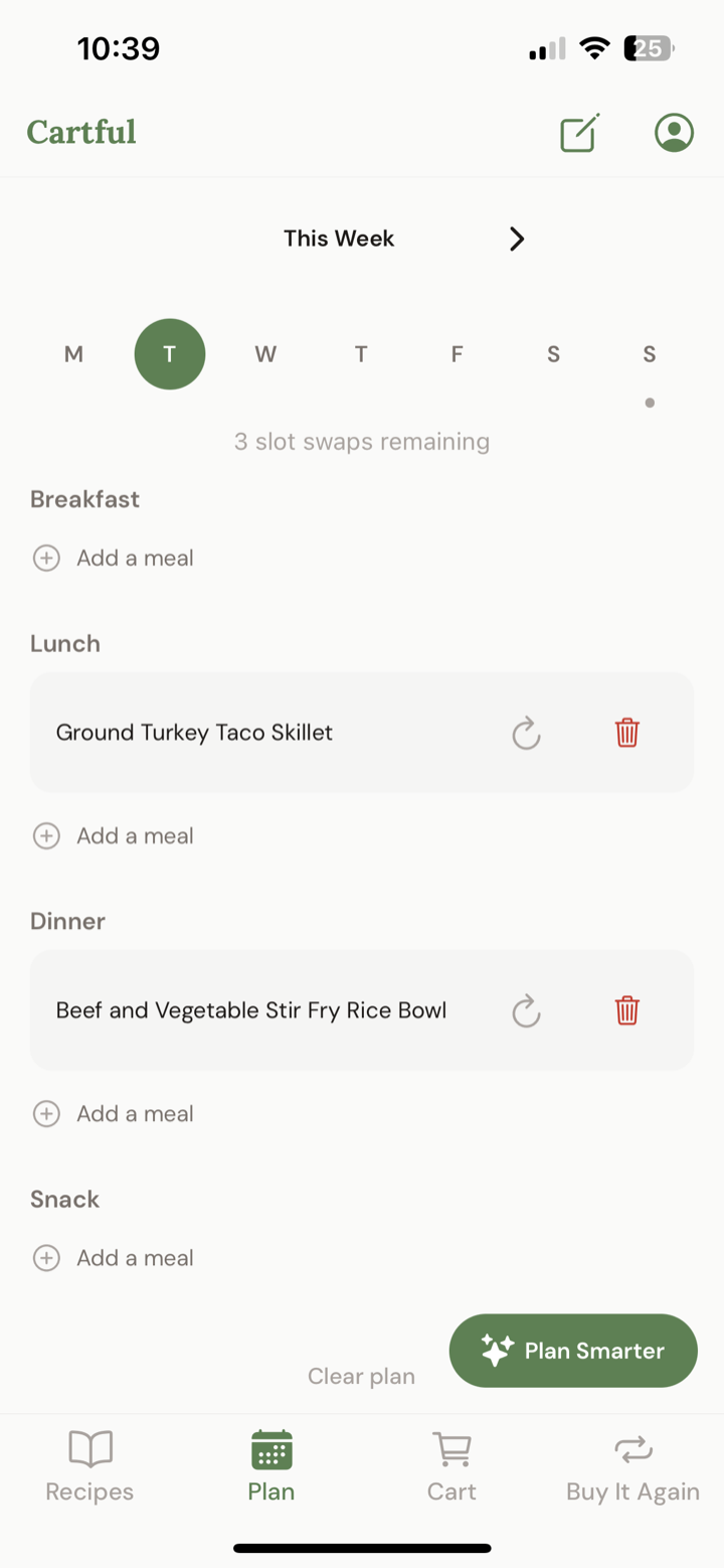 The Cartful weekly plan with meals added to different days.